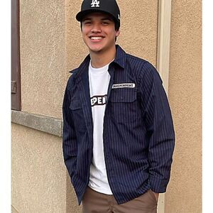 Independent Bar Logo Navy & Red Pinstripe Button Up Shirt Men’s Large